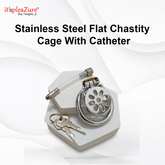 Stainless Steel Flat Chastity Cage with Catheter on a white background, featuring the 'it's pleazure' brand.